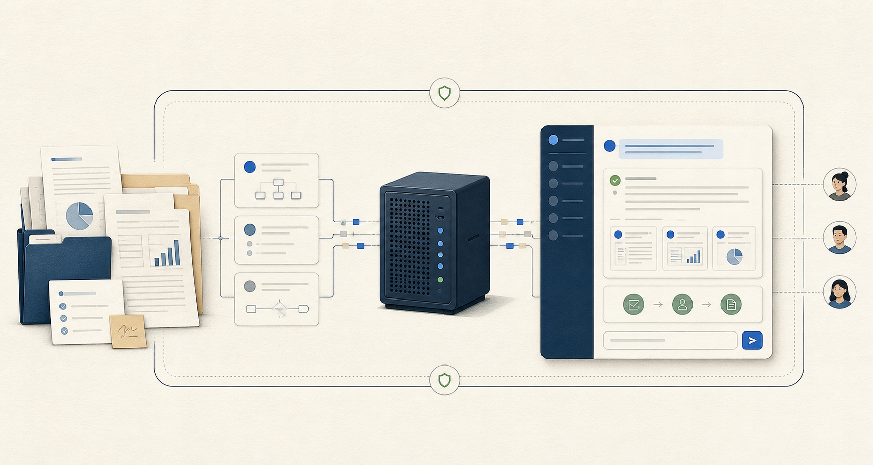 Business documents connected to a local AI server and a private internal assistant